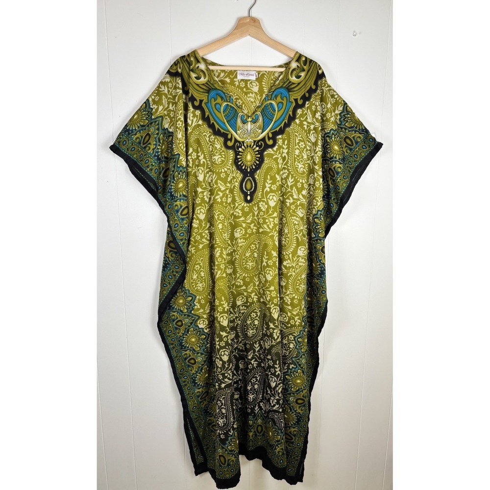 Miss Lavish London Kaftan Sz 14-18 Green Paisley Swim Cover Robe Pockets